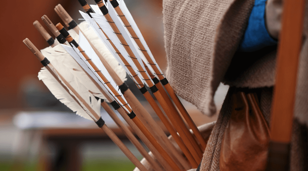 Arrows with real feathers in a quiver.