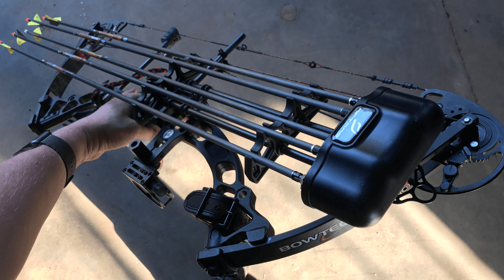 Close-up of a compound bow.